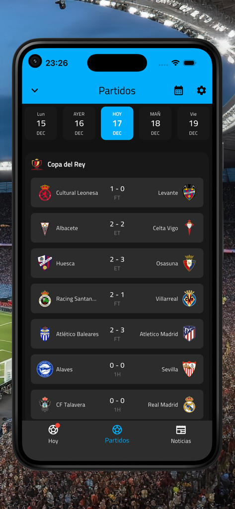 Futbol Argentina - EN VIVO - Interfaz de aplicación móvil que muestra resultados de fútbol en vivo y el calendario de partidos de la Copa del Rey