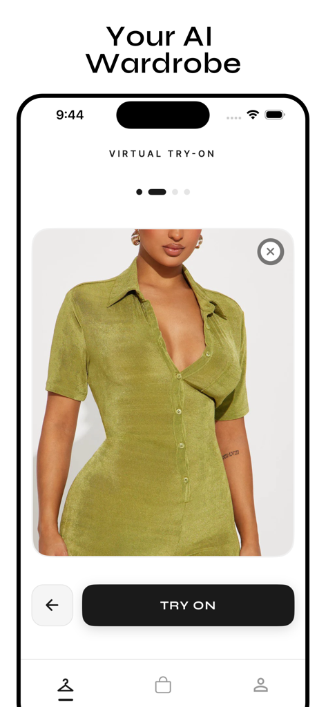 dressr - Virtual Fitting Room - Virtual try-on interface in the dressr app showing an AI generated outfit on a model