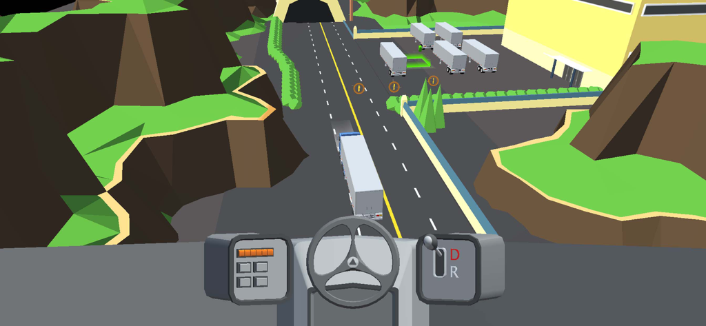 Overhead view of a semi truck driving through a low poly 3D environment in a simulation game