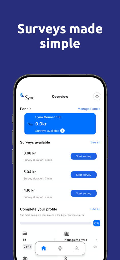 Syno Panel - Syno Panel mobile app dashboard showing available surveys and reward amounts for users to earn money