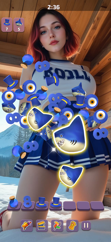 Una escena de juego de Date Match 3D con objetos 3D para combinar sobre una imagen de fondo de personaje.