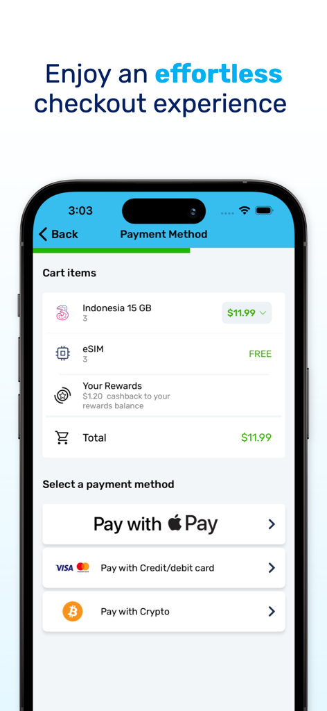 MobiMatter app checkout screen showing payment methods like Apple Pay, credit card, and crypto for an Indonesia eSIM plan.