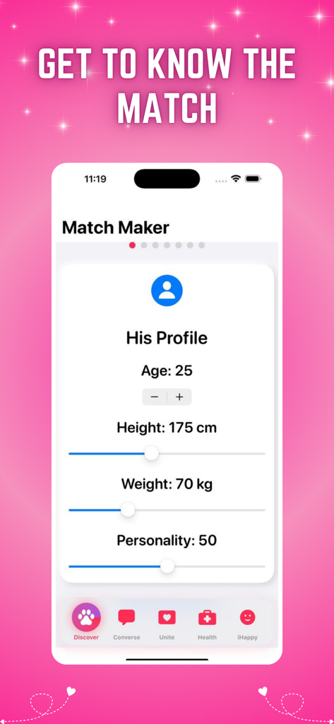 MeetChat iHappy - MeetChat iHappy Match Maker screen showing profile statistics like age height weight and personality score