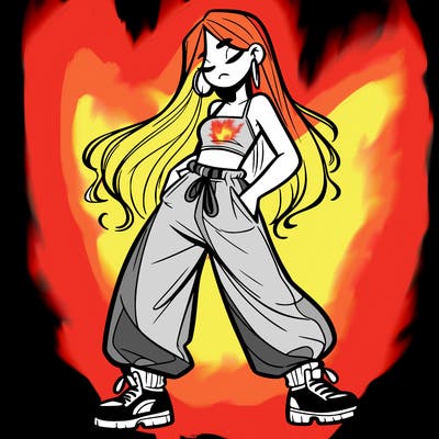 girl in baggy pants crop top and long hair