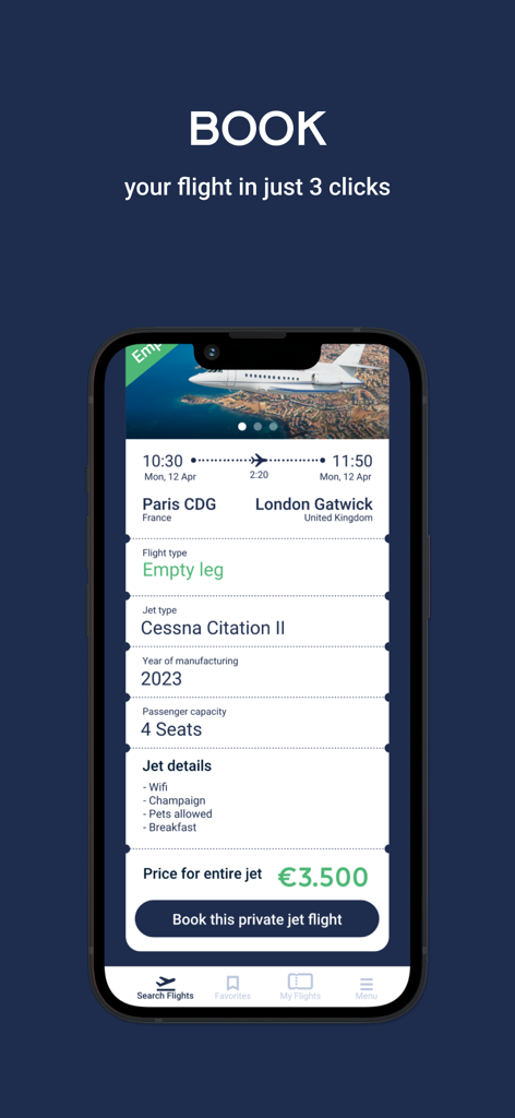 Catch a Jet - Catch a Jet app interface for booking a private empty leg flight from Paris to London