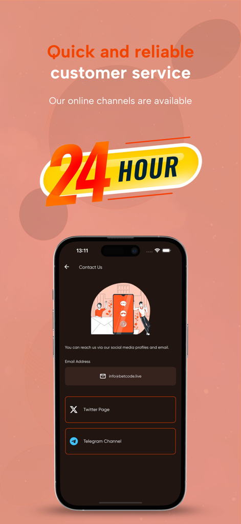 BetCode - BetCode app interface for 24 hour customer service and contact channels