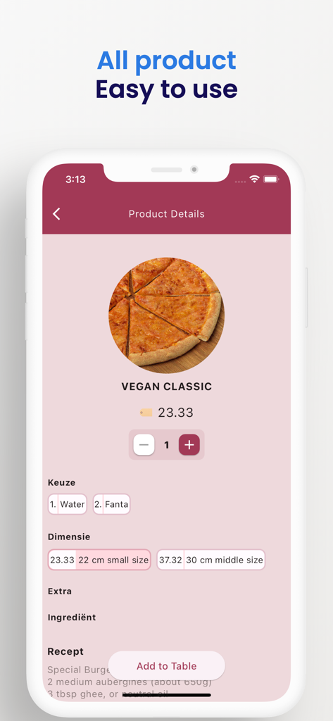Resto Cerme - Interface do aplicativo Resto Cerme mostrando detalhes do produto e opções de personalização para um pedido de pizza vegana clássica