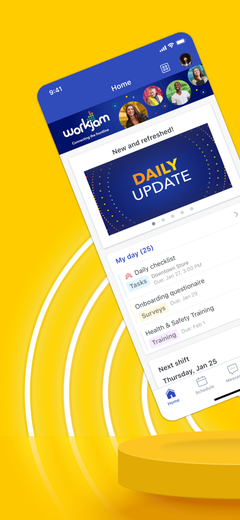 WorkJam app home screen showing daily updates and employee task list