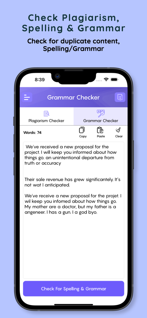 Interfaz de usuario de la aplicación Verificador de Gramática Anti-Plagio que muestra la herramienta de verificación de gramática con texto de ejemplo y un botón de verificación.