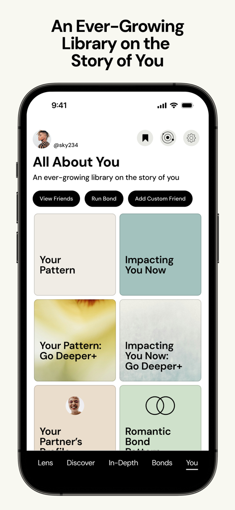 A screenshot of The Pattern app showing the user profile section with personalized insight tiles such as Your Pattern and Romantic Bond.