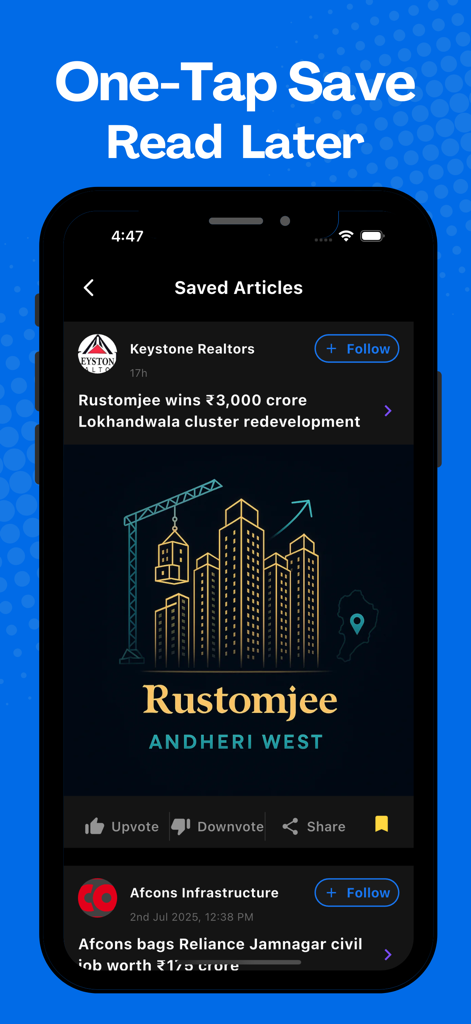 Skylark: Stock Market News - Interface of Skylark app showing saved stock market news articles in dark mode.