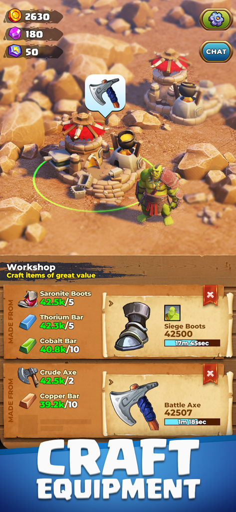 Orecraft: Mining Camp - An orc character stands by a workshop in Orecraft Mining Camp with a crafting menu for siege boots and battle axes