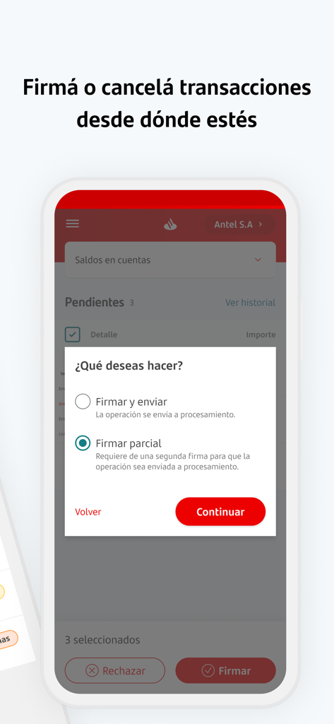 Santander Empresas Uruguay - Screen of Santander Empresas Uruguay app showing transaction signing options