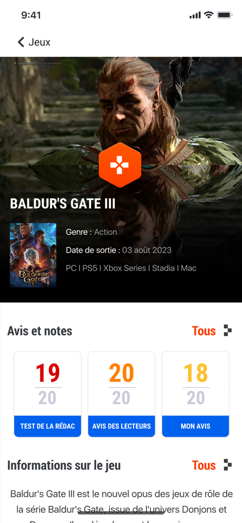 Jeuxvideo.com - PC & Consoles - Jeuxvideo.com app screen showing reviews and information for Baldur's Gate 3