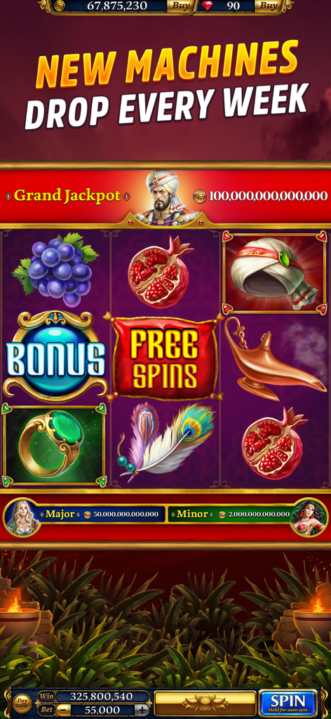 Capture d'écran de gameplay de Slots Era montrant une machine à sous sur le thème arabe avec des jackpots grandioses et des tours gratuits