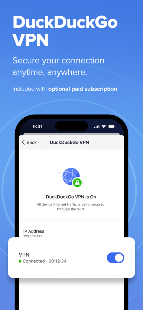활성 보안 연결 토글을 보여주는 DuckDuckGo VPN 모바일 앱 인터페이스.