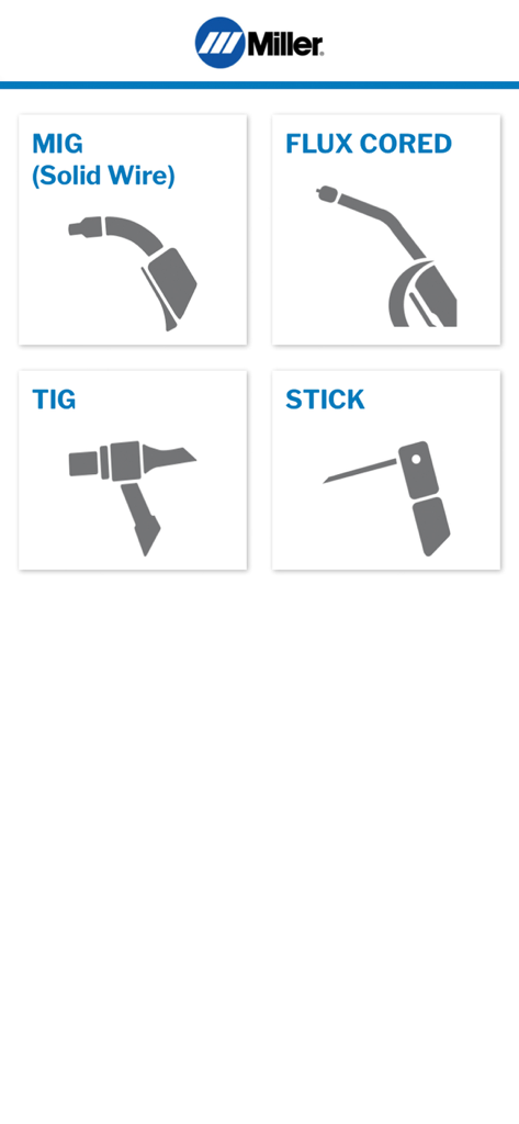 Miller Weld Setting Calculator - Miller weld setting calculator app interface showing MIG TIG stick and flux cored welding options