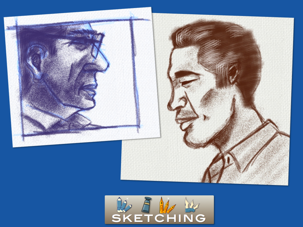 Drawing Box - Two detailed pencil sketches of a male profile created in the Drawing Box app