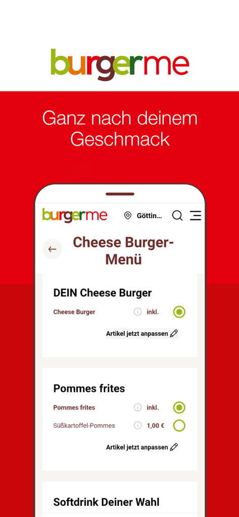 burgerme - Mobile app interface of burgerme showing customization options for a cheese burger menu