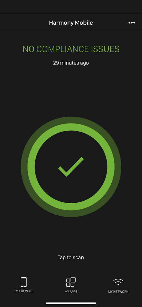 Harmony Mobile Protect app dashboard showing a green checkmark and a message stating no compliance issues