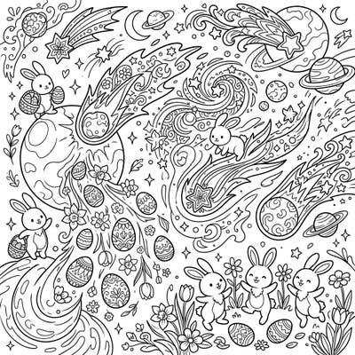 Prepare for an out-of-this-world Easter coloring adventure featuring playful bunnies, shooting star comets, and a shower of festive eggs. This unique design blends celestial wonder with holiday joy, offering a delightful challenge for all ages.