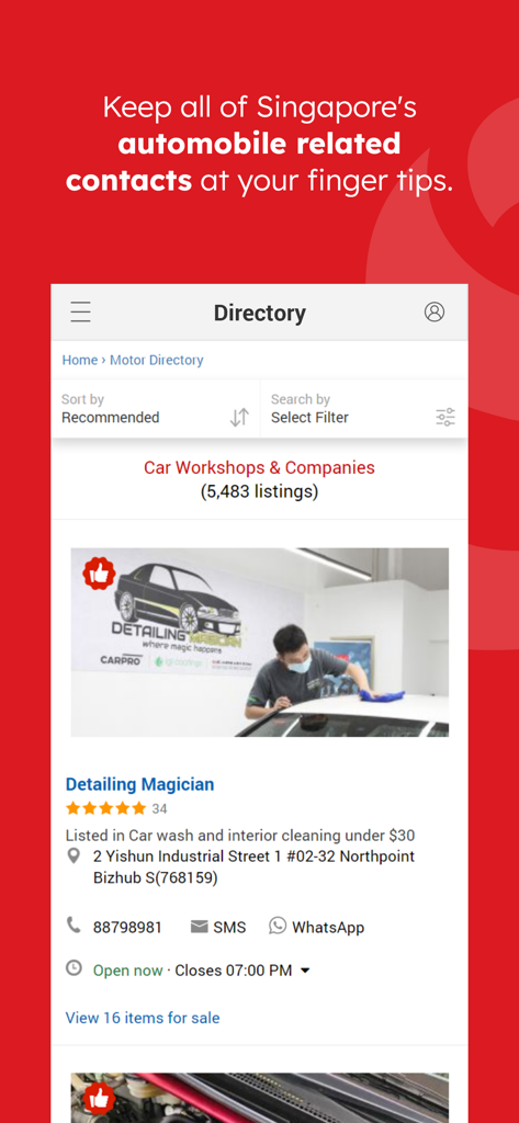 Sgcarmart - Sgcarmart app motor directory showing Singapore car workshop and detailing service listings