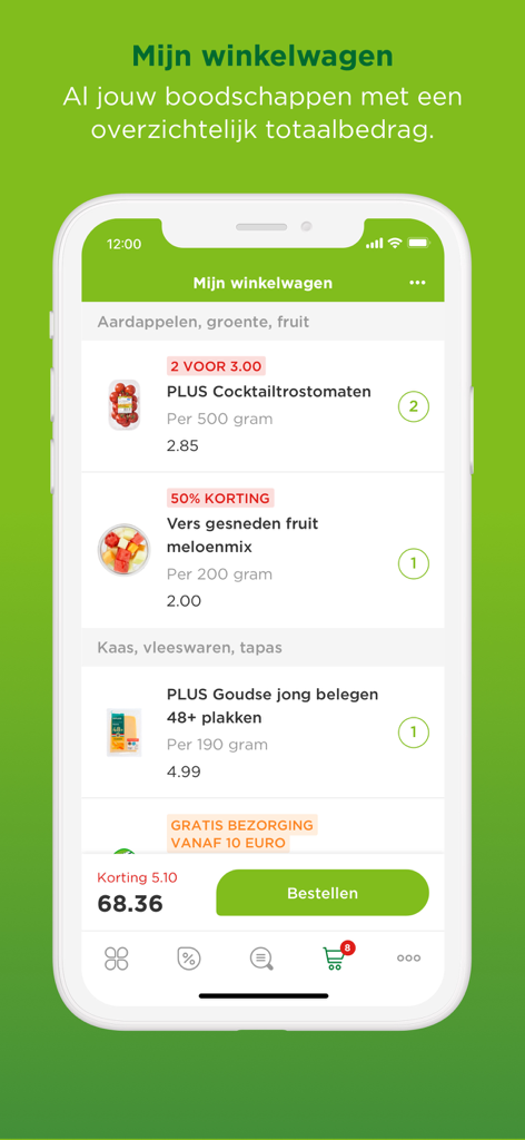 Interfaz móvil de la aplicación PLUS supermarkt que muestra un carrito de compras con artículos y descuentos.