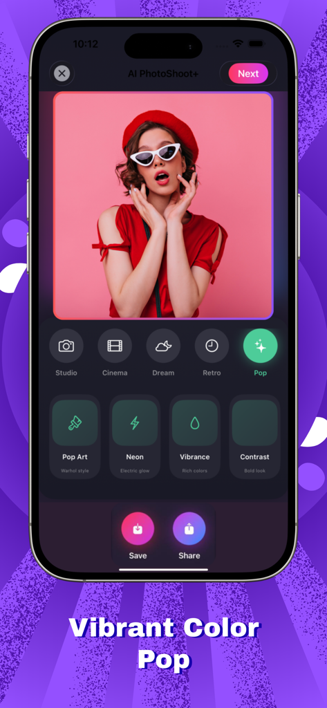 AI PhotoShot+ - AI PhotoShot app interface featuring the vibrant color pop filter