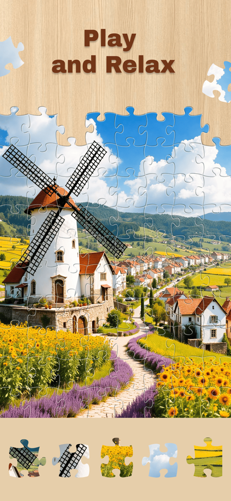 Jigsaw Puzzle: Magic Game - Un puzzle de rompecabezas de un paisaje europeo escénico con un molino de viento y flores bajo el encabezado Juega y Relájate