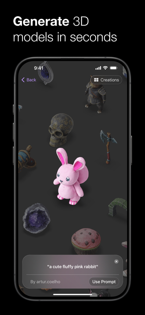 Luma 3D Capture - Luma 3D Captureモバイルアプリ。AIプロンプトから生成されたピンクのウサギの3Dモデルが表示されています。