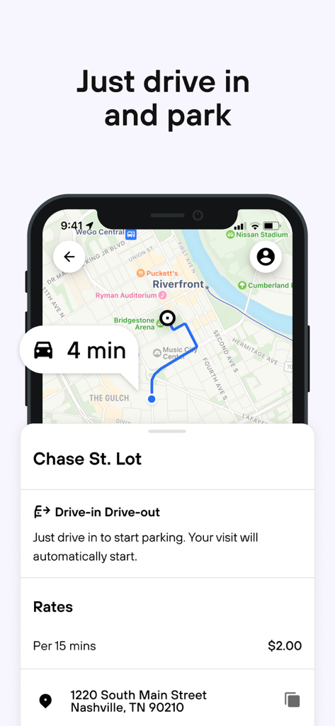 Schermata dell'app Metropolis che mostra un percorso su mappa verso un parcheggio e i dettagli sui prezzi.