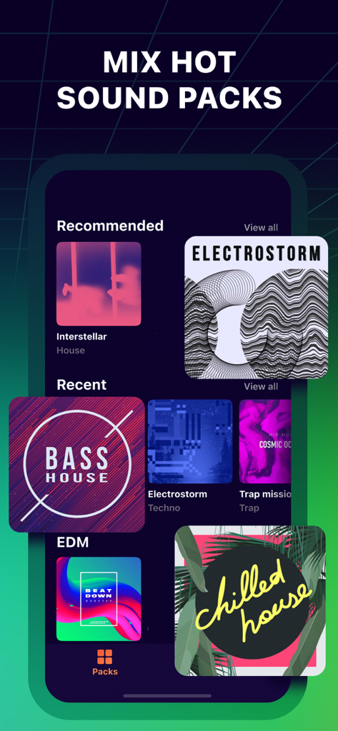 Interface de l'application Beat Jam montrant une collection de packs de sons musicaux premium pour divers genres comme la House et la Techno.
