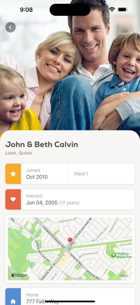 Church Social - Church Social app member profile showing family details and location map.
