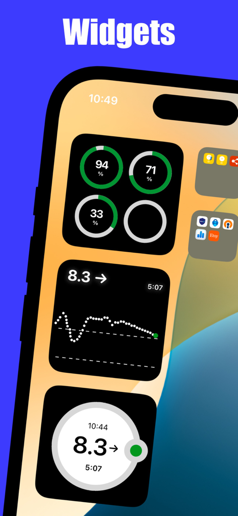 Diabetes Diary & Tracker Plus - iPhone home screen showing various glucose level and trend widgets for the Diabetes Diary app.