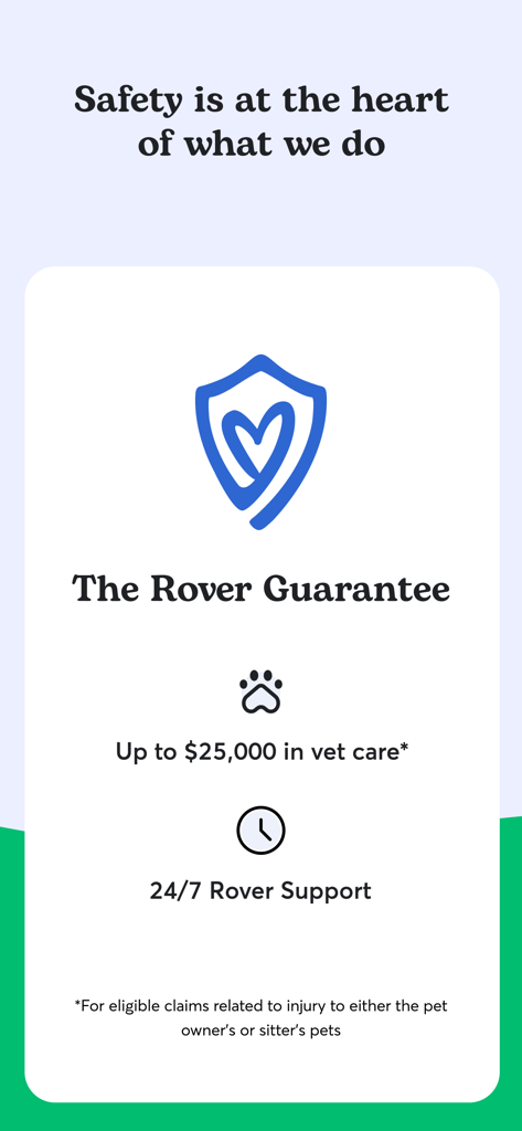 Capture d'écran de l'application Rover affichant la garantie Rover avec 25 000 $ de soins vétérinaires et une assistance 24 h/24 et 7 j/7