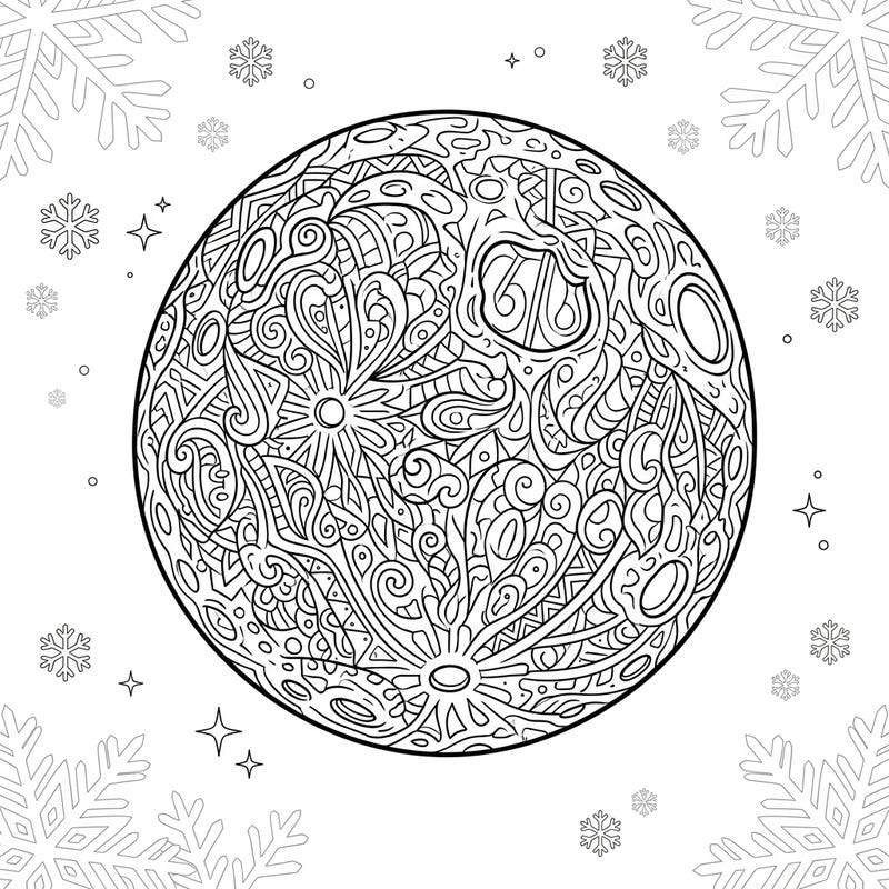 Embark on a tranquil coloring journey with this stunning Zentangle Moon, set against a magical winter backdrop. Its intricate patterns and delicate snowflakes offer a relaxing escape for artists of all ages.