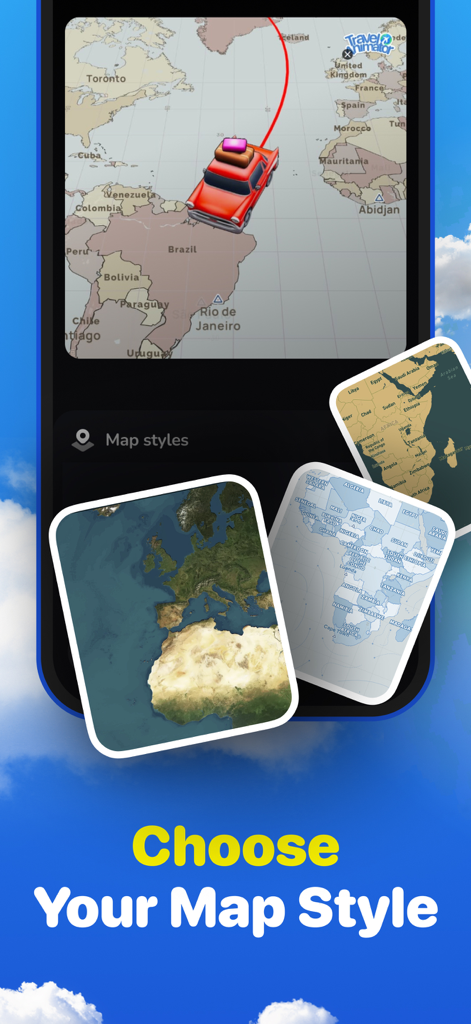 Tela do aplicativo móvel intitulada Escolha seu Estilo de Mapa mostrando vários temas de mapa como satélite e vintage para animações de rotas de viagem