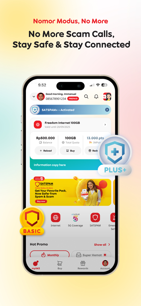 myIM3 - myIM3 app interface showing scam call protection and account dashboard for Indosat users
