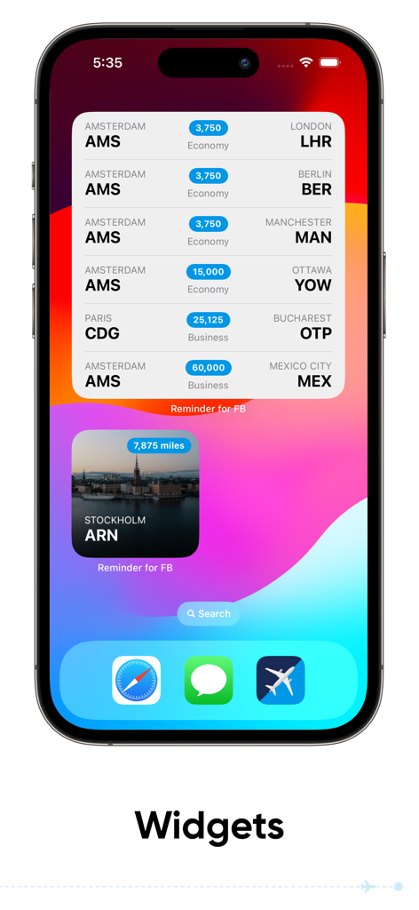 Widgets de pantalla de inicio de iOS para la aplicación Recordatorio para Flying Blue que muestran ofertas de vuelos e inspiración de viajes.