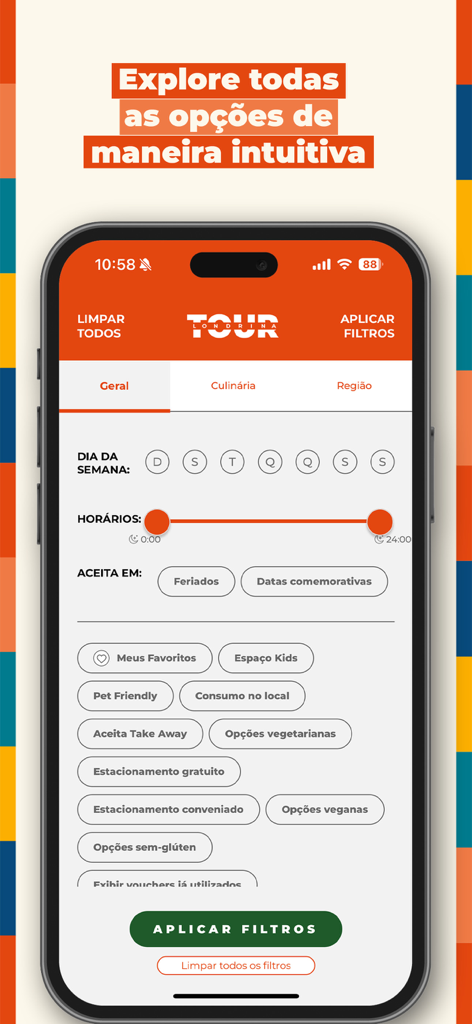 Tour Londrina - Interface of the Tour Londrina app showing intuitive search filters for restaurants and dining options