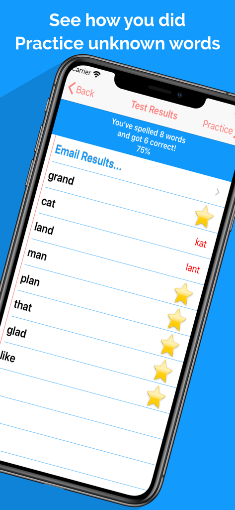 Spelling Notebook: Learn, Test - Mobile screen displaying spelling test results with gold stars for correct words and red text for mistakes
