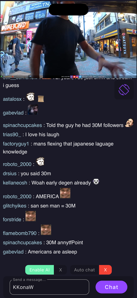 Interface de chat da Twitch no celular com controles de bot de IA e emotes de terceiros