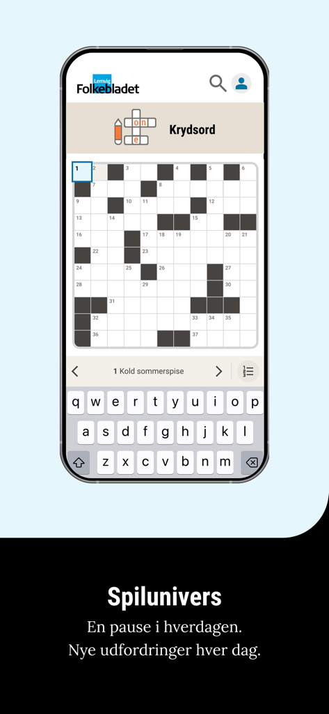 Folkebladet Lemvig - A crossword puzzle game interface within the Folkebladet Lemvig news app
