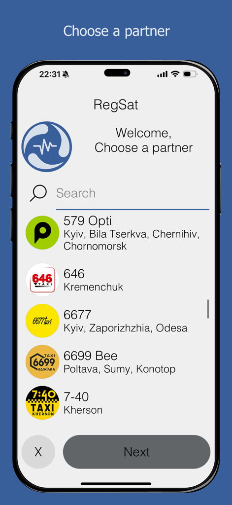 RegSat - A tela Escolher um Parceiro no aplicativo RegSat listando várias opções de serviços de táxi para motoristas.