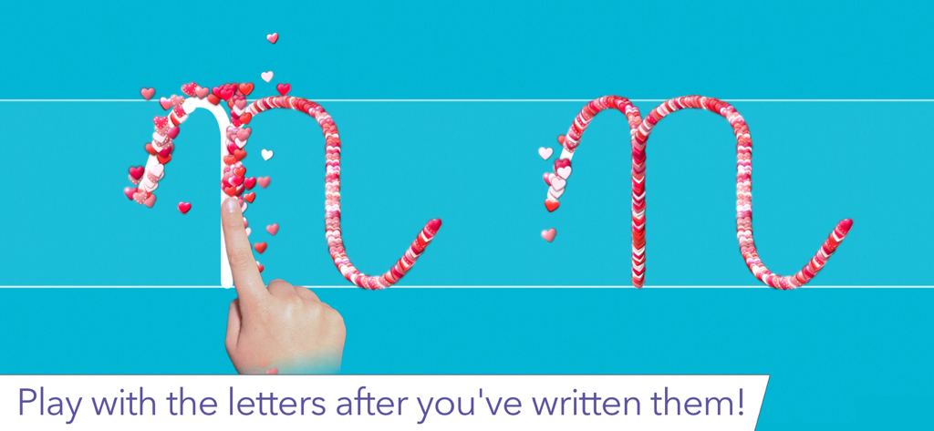 A child's finger tracing a cursive letter N made of interactive heart stickers in the Cursive Writing Wizard app.