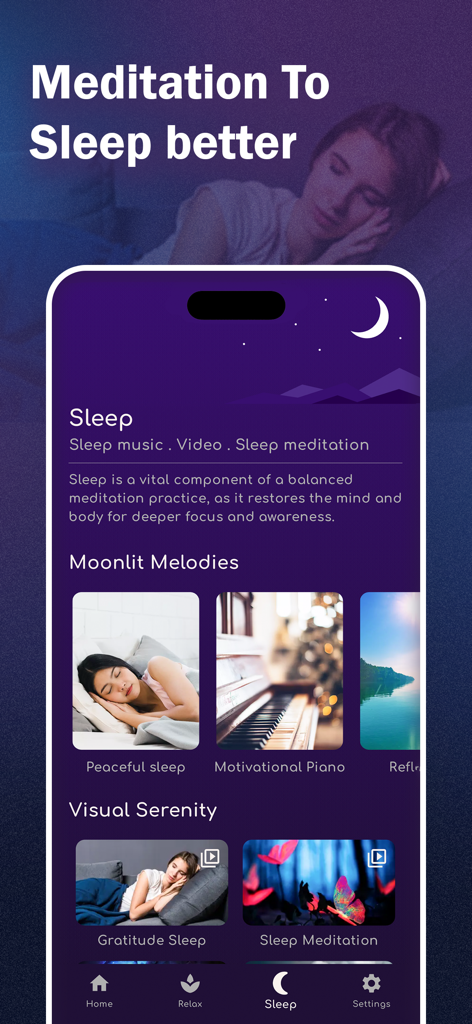 Meditation - Relax & Sleep - Sleep interface of the meditation app showing moonlit melodies and visual serenity video options