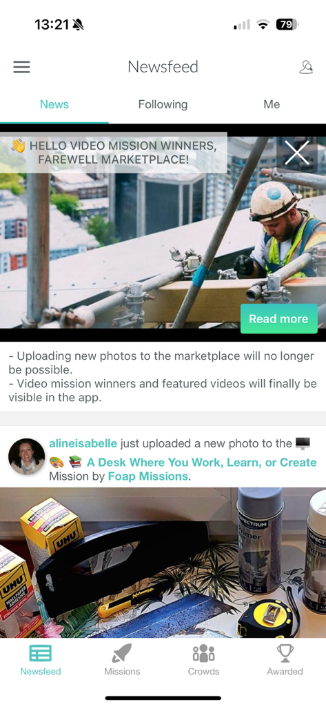Foap - sell photos & videos - Feed de noticias de la aplicación Foap mostrando misiones de fotos y contenido generado por usuarios creadores