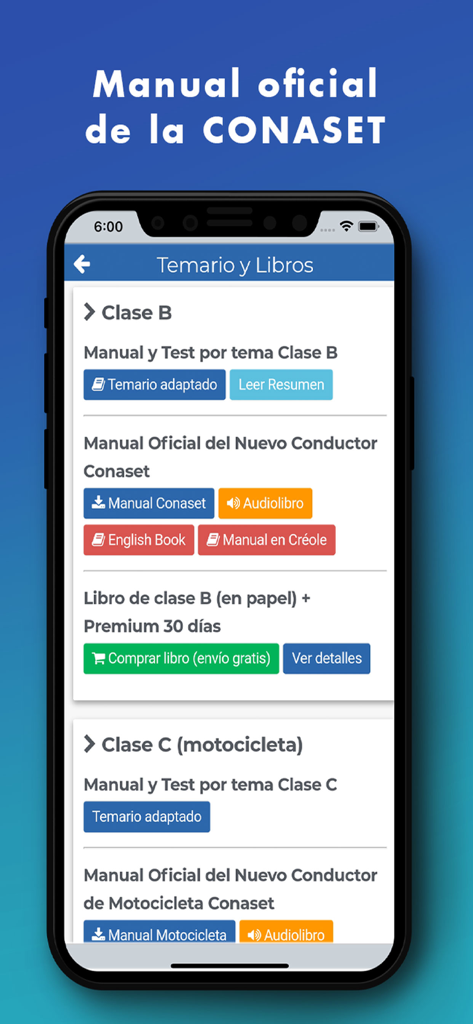 PracticaTest - Examen Conducir - ライセンス試験のための公式チリ運転マニュアルと学習教材を表示するモバイルアプリ画面