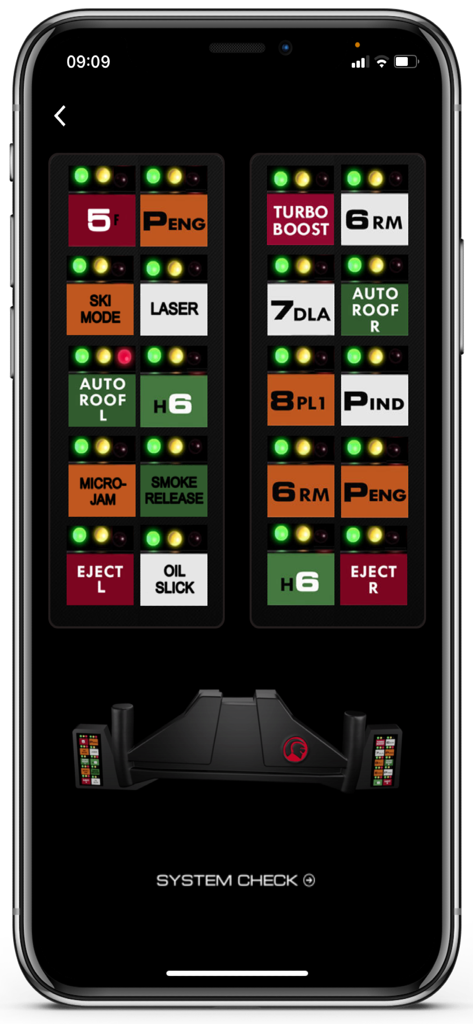 KITT - Systems Activated - Digital switchpod interface for the KITT app featuring retro style car control buttons and indicator lights