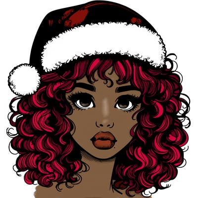 realistic girl with a santa hat curly hair and lips